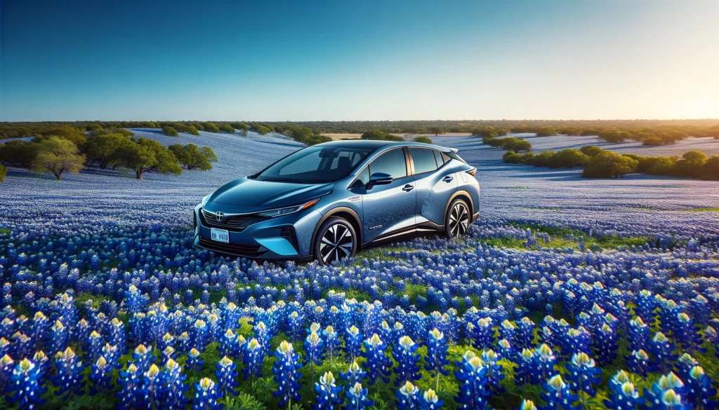 Blue hybrid vehicle in a field of blue flowers
